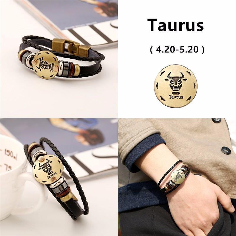 12 Zodiac Signs Leather Bracelet -