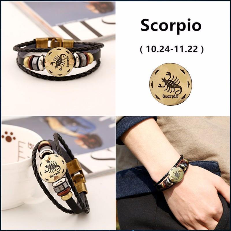 12 Zodiac Signs Leather Bracelet -