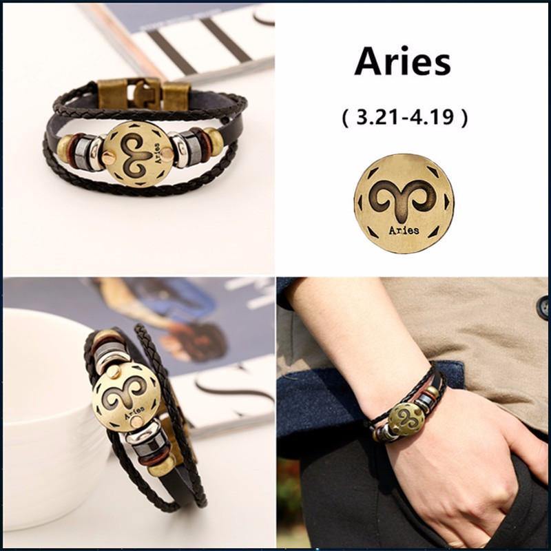 12 Zodiac Signs Leather Bracelet -