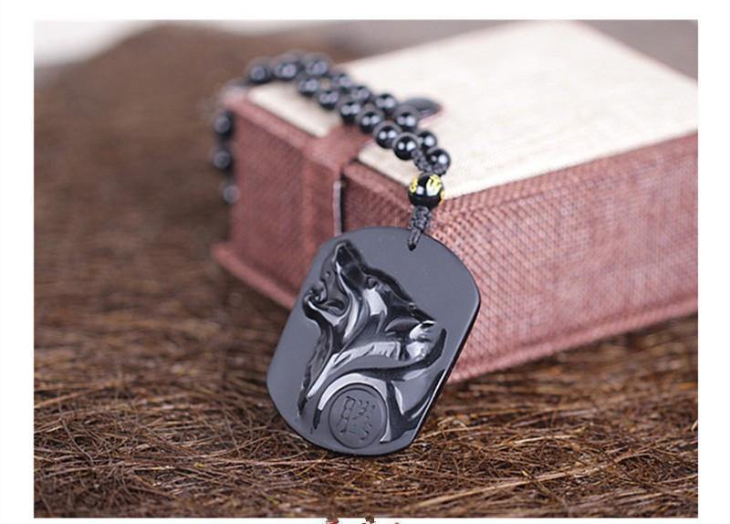 Black Obsidian Wolf Head Pendant -