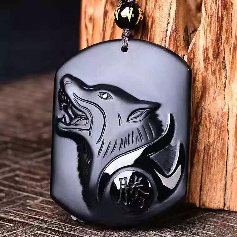 Black Obsidian Wolf Head Pendant -