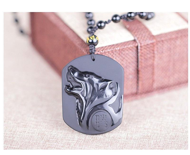 Black Obsidian Wolf Head Pendant -