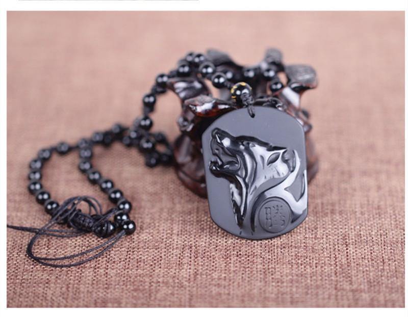 Black Obsidian Wolf Head Pendant -