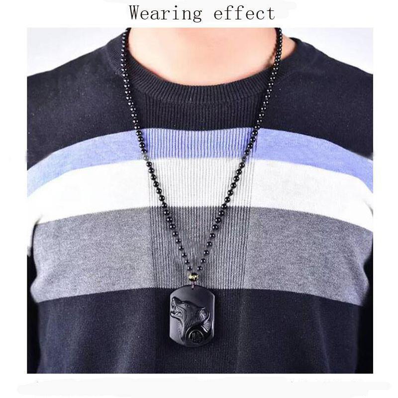 Black Obsidian Wolf Head Pendant -