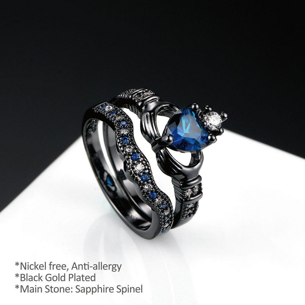 Heart & Crown Black Gold Ring Set -